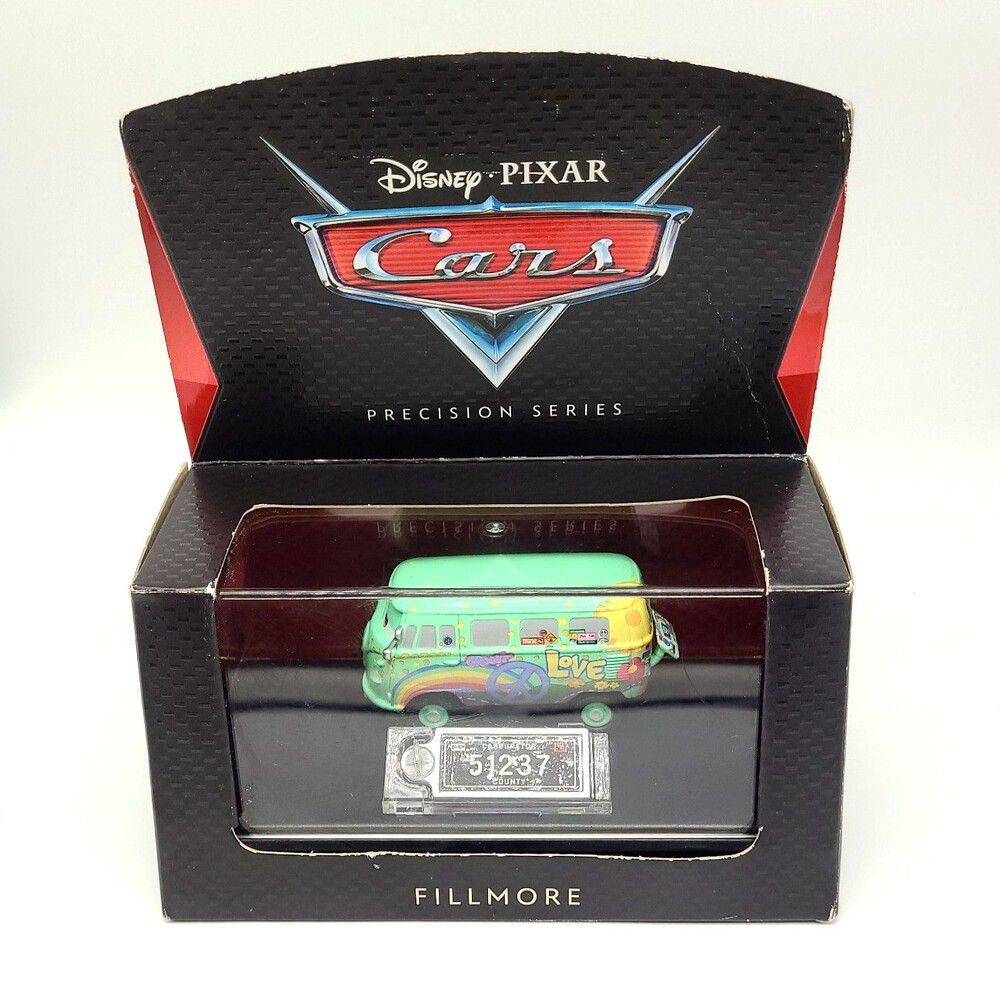 Disney Pixar Cars Precision Series Fillmore 1:55 Diecast VW Bus In Acrylic Case